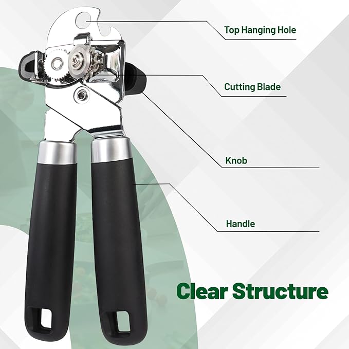 Can Opener Stainless Steel Cutting Blade Bottle Opener 2 in 1 Multifunctional Manual Jar Opener Can Opener Heavy Duty Comfortable Handle Smooth Edge Hanging Hole Kitchen Gadget Daily Use