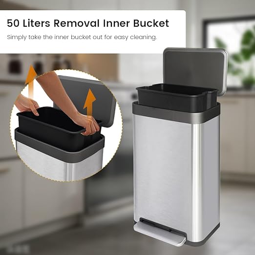 13 Gallon Stainless Steel Trash Can with Removable Inner Bucket, Soft Close & Stay Open Lid, Step-on Pedal – Modern Kitchen Garbage Can for Home, Office, or Commercial Use