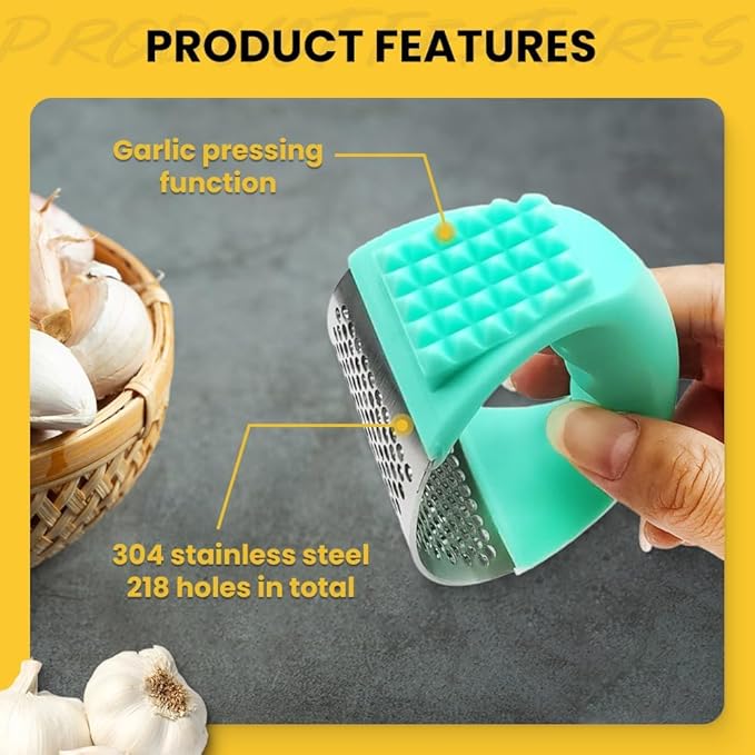 Stainless Steel Garlic Presser, 2024 New Garlic Press Rocker Garlic Mincer Garlic Crusher,Kitchen Garlic Press Mincer Crusher Solid Stainless Steel with Handle (Pink)
