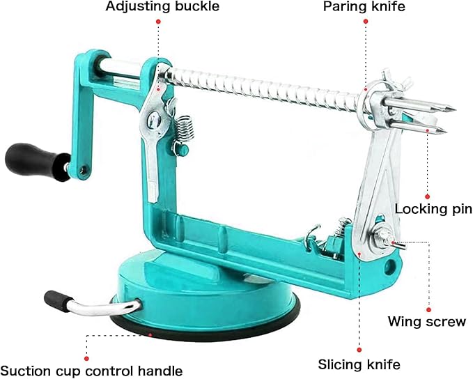 Apple Peeler Corer, Long lasting Chrome Cast Iron Apple Peeler Slicer Corer with Stainless Steel Blades and Powerful Suction Base for Apples and Potato(Blue)