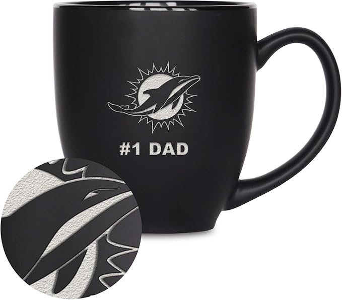 Rico Industries NFL Football #1 Dad 15oz Laser Engraved Matte Black Ceramic Bistro Mug - for Hot or Cold Drinks