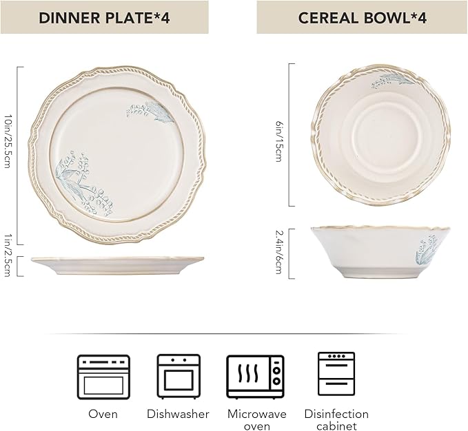 8-Piece Dinnerware Set - Lily Bloom Series, Service for 4, Includes 6'' Bowls & 10'' Plates, Retro Vintage Floral Style, Microwave & Dishwasher Safe