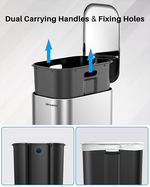 Lovewind Trash Can with Lid, 5.2 Gallon/20 L Footstep Garbage Can for Kitchen Bathroom Bedroom Home Office, 20 Liter Trash Bin Brushed Stainless Steel Waste Bin with Soft-Close Lid, Silver