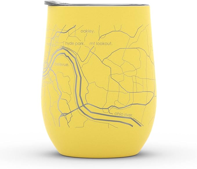 Well Told Engraved Cincinnati Ohio Map Insulated Wine Tumbler, Etched Stainless Steel Cup (12 oz, Sunrise Yellow) City Map Insulated Tumbler, Custom Insulated Tumbler, Outdoor Drinkware