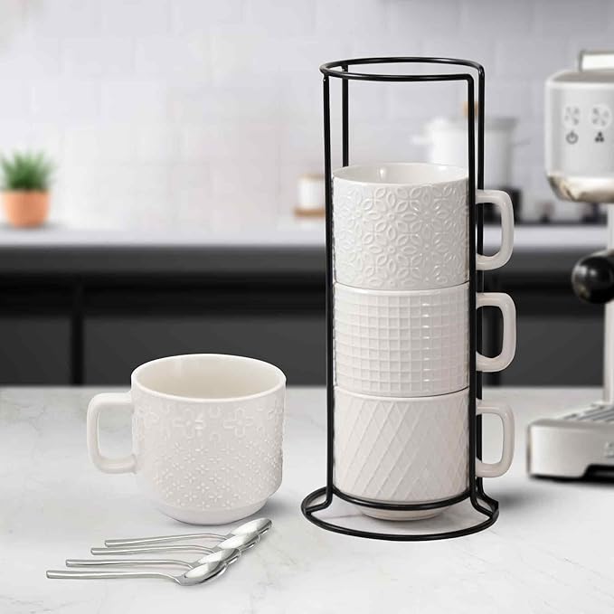 Stackable Coffee Mug Set of 4 with Stand, 10oz Ceramic Cups with Spoons – Ribbed Porcelain Mugs for Tea, Latte, Cappuccino – Microwave & Dishwasher Safe – Gift for Home & Office Use (White)