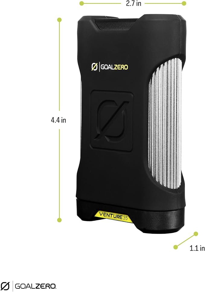 Goal Zero Venture 35 Portable Charger Power Bank with Nomad 10 Solar Panel Kit 9600mAH 18W USB-C Power Delivery Port, 2 USB Outputs IP67 Rating 50 Lumens Flashlight