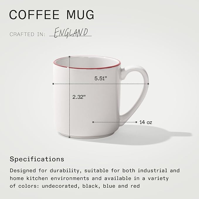 Made In Cookware - Set of 4 - Coffee Mug Set - 12 oz - White With Red Rim - Porcelain England - Dishwasher and Microwave Safe