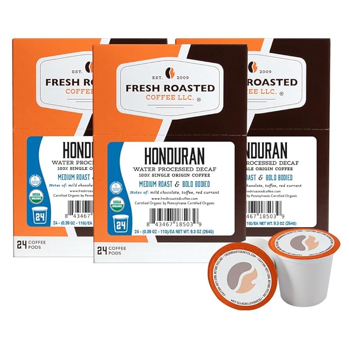Fresh Roasted Coffee, Organic Honduran Water-Processed Decaf | USDA Organic, 100% Single Origin, Kosher | Medium Roast RFA | 72 Pods for K Cup Brewers