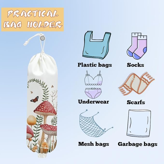 Mushroom Plastic Bag Holder, Wall Mount Grocery Bag Holder for Plastic Storage bag, Storage Organizer Reusable Grocery Bags, Pull Rope Free Adjustment, Butterfly Gifts for Women Mom Sister