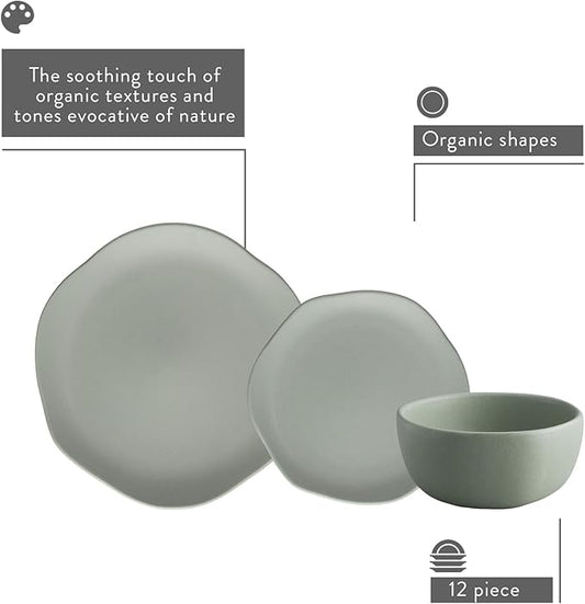 Corona Olivo ceramic dinnerware Set 12–piece, Plates and Bowls, Sets for 4, organic shape, light green.