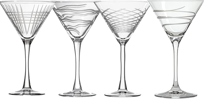 Rolf Glass Symmetry Martini Cocktail Glass | 10oz Martini Glasses | Lead-Free and Diamond-Wheel Engraved | Mixed Contemporary Designs | Made in the USA | Set of 4