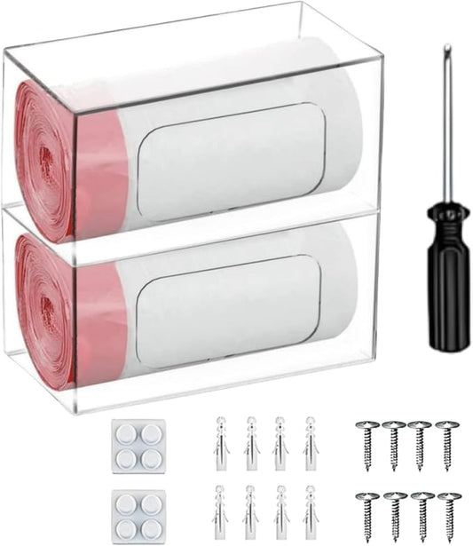 Acrylic Trash Bag Dispenser Roll Holder – 2 Compartment Clear Wall Mount & Trash Bag Holder Under Sink Organizer for Kitchen Cabinet, Drawer, Pantry – Trash Liner Storage Box for Garbage, Grocery Bags