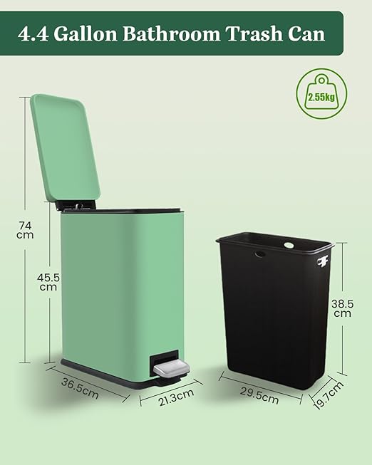 Bathroom Trash Can with Lid, 16.7L/ 4.4 Gallon Trash Can with Removable Inner Bucket, Soft Close lid, Stainless Steel Step Pedal Garbage Can for Bathroom, Bedroom, Kitchen, Home Office, Green