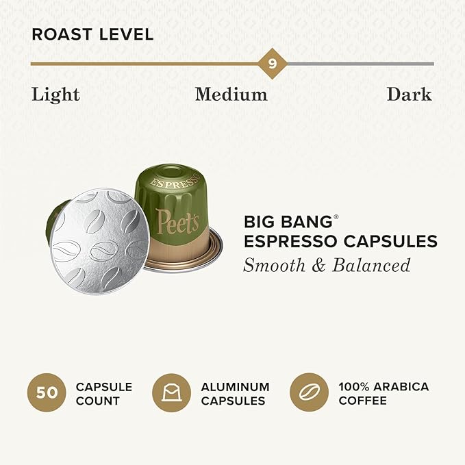 Peet's Coffee, Medium Roast Espresso Capsules, Compatible with Nespresso Original Machines - Big Bang Intensity 9, 50 Count (5 Boxes of 10 Espresso Capsules)