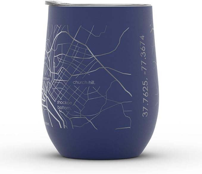 Well Told Engraved Richmond Virginia Map Insulated Wine Tumbler, Etched Stainless Steel Cup (12 oz, Midnight Blue) City Map Insulated Tumbler, Custom Insulated Tumbler, Outdoor Drinkware