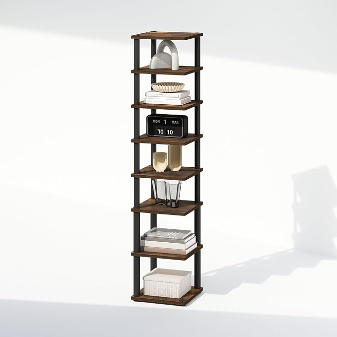 Furinno Turn-N-Tube Corner Shelf, 8-Tier Display Rack, Vertical Corner Storage Rack, Space Saving Organization and Storage, Entryway, Living Room, Closet, Amber Pine