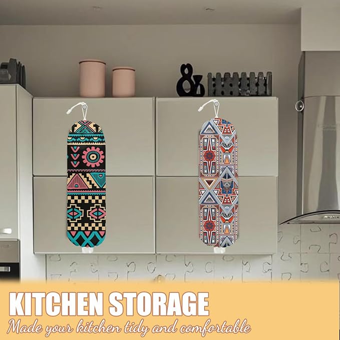 2 Pcs Retro Boho Plastic Bag Holder, Wall Mount Grocery Bag Holder for Plastic Storage bag, Abstract Art Farmhouse Kitchen Decor Reusable Grocery Bags Organizer Storage Dispenser, Gifts for Women