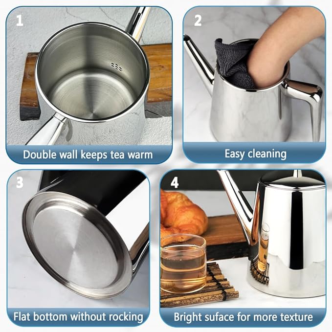 304 Stainless Steel Double-walled Teapot Long Strain Large Capacity Teapot with Infuser and Removable Filter for Home Restaurant Office Dinnerware Accessories Drinkware Item