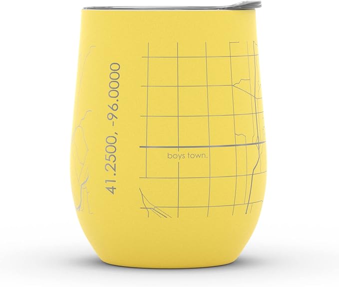 Well Told Engraved Omaha Nebraska Map Insulated Wine Tumbler, Etched Stainless Steel Cup (12 oz, Sunrise Yellow) City Map Insulated Tumbler, Custom Insulated Tumbler, Outdoor Drinkware