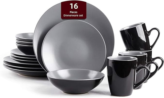 Stoneware Two-Tone Colors Life 16pc Dinner Set, Outside Shiny Black + Insdie Matte Glaze Light Grey