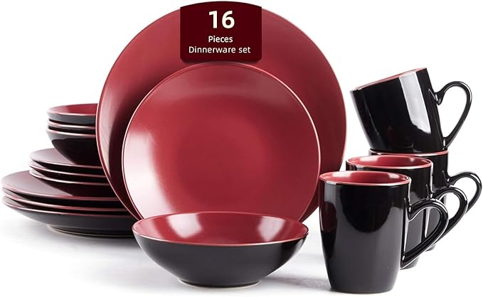 Colors Life 16pc Dinnerware Set，Shiny Black and Matte Berry