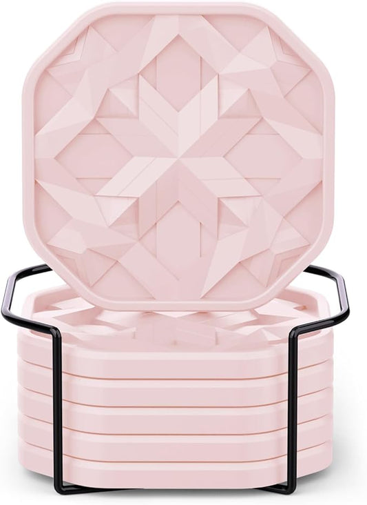 UMIRRO Silicone Cup Coasters for Drinks with Tailored Holder, Coffee Table Centerpiece, Modern Home Bar or Aesthetic Kitchen Essentials, Pink House Decor Gifts, Set of 6