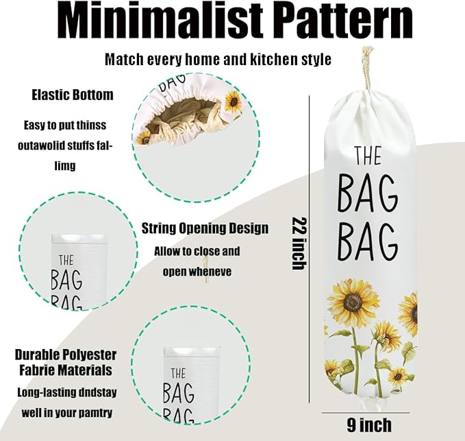 2Pcs Sunflowers Plastic Bag Holder 22.5x9 Inch, Wall Mount Grocery Bag Holder for Plastic Bags, Summer Floral Reusable Grocery Bags Storage Dispenser for Home Kitchen Decor, Sunflower Gifts for Women
