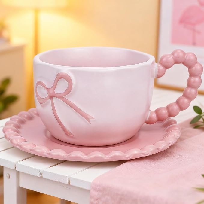 Bow Coffee Mug Pink Coquette Coffee Mugs Set with Saucer 12 OZ Porcelain Tea Cup Bow Cute Mug for Women Girl