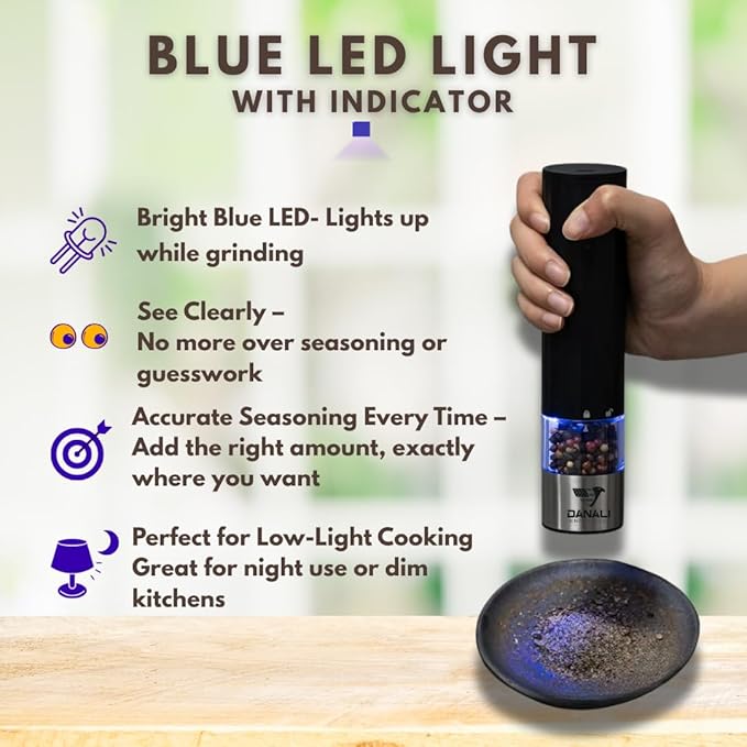 Electric Automatic Salt and Pepper, Rechargeable Grinder Mill, LED Light, One-Hand Operation, Adjustable Coarseness, USB-C Charging, ABS & Stainless Steel, Stand Included.