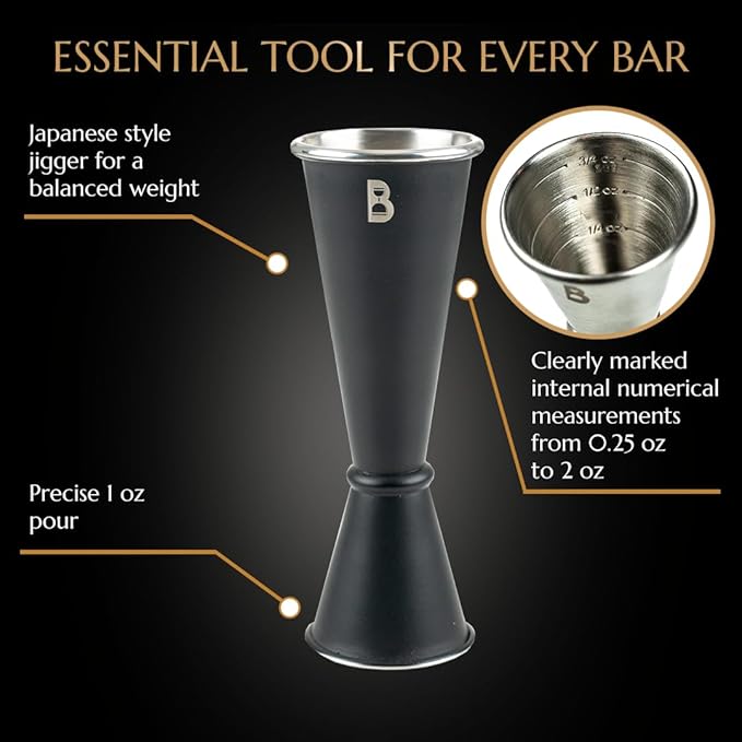 Double Japanese Jigger by Bull In China - 0.25oz to 2oz Measures for Cocktails, Bars & Bartenders (Matte Black)