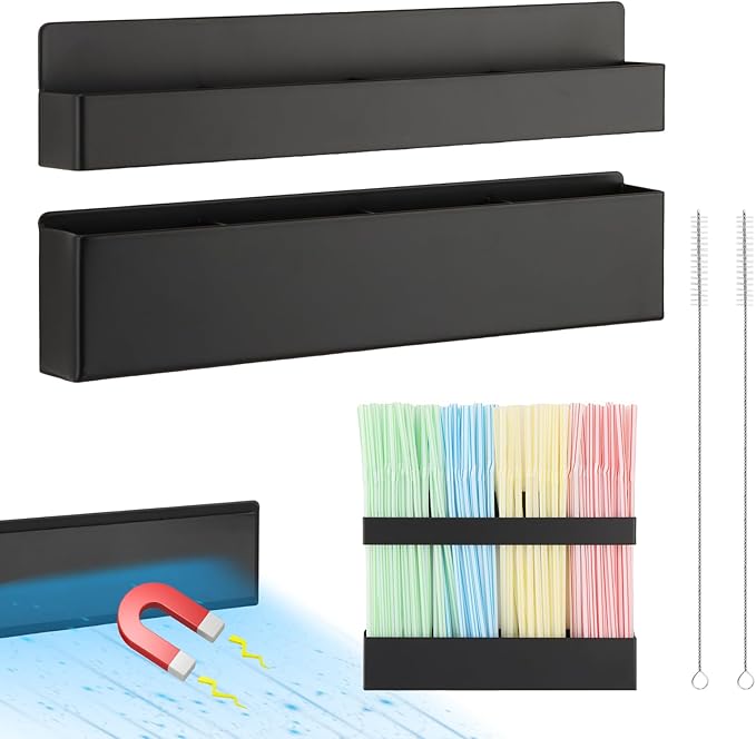 Magnetic Straw Holder – Detachable, Fits All Straws, Prevents Water Buildup (Cabinet/Fridge Use), Sticks to Metal Surfaces – Dividers for No Mess, Dry Straw Storage (Black, Large)