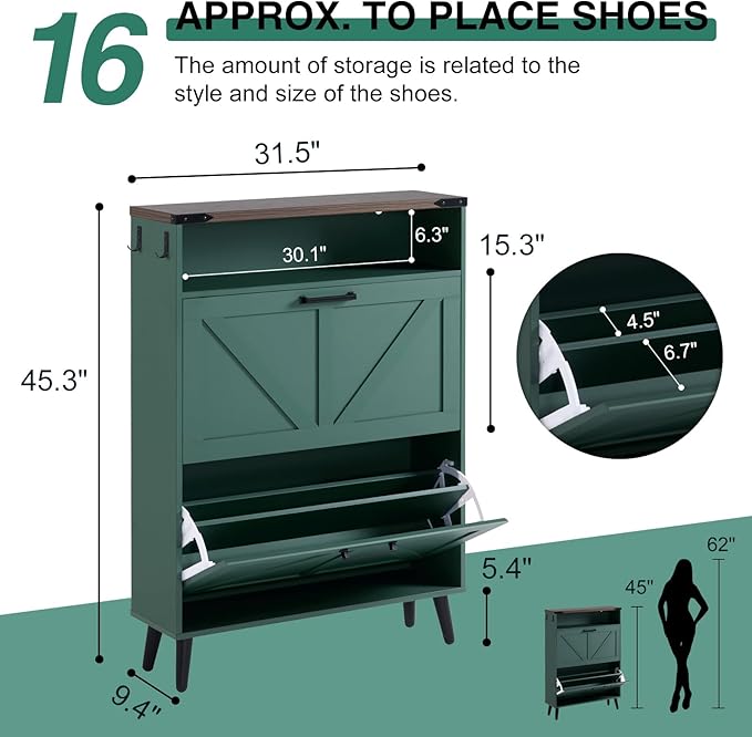 Shoe Storage Cabinet,Farmhouse Shoe Organizer with 2 Flip Drawers & Barn Door Design,Freestanding Hidden Slim Narrow Shoe Rack Cabinet with Open Storage for Entryway, Foyer,Hallway,Green