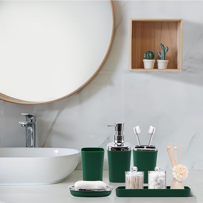 Green Bathroom Accessories, Dark Green Bathroom Set with Shower Curtain, Trash Can, Vanity Tray, Soap Dispenser, Soap Dish, Toothbrush Holder and Cup for Home Decor