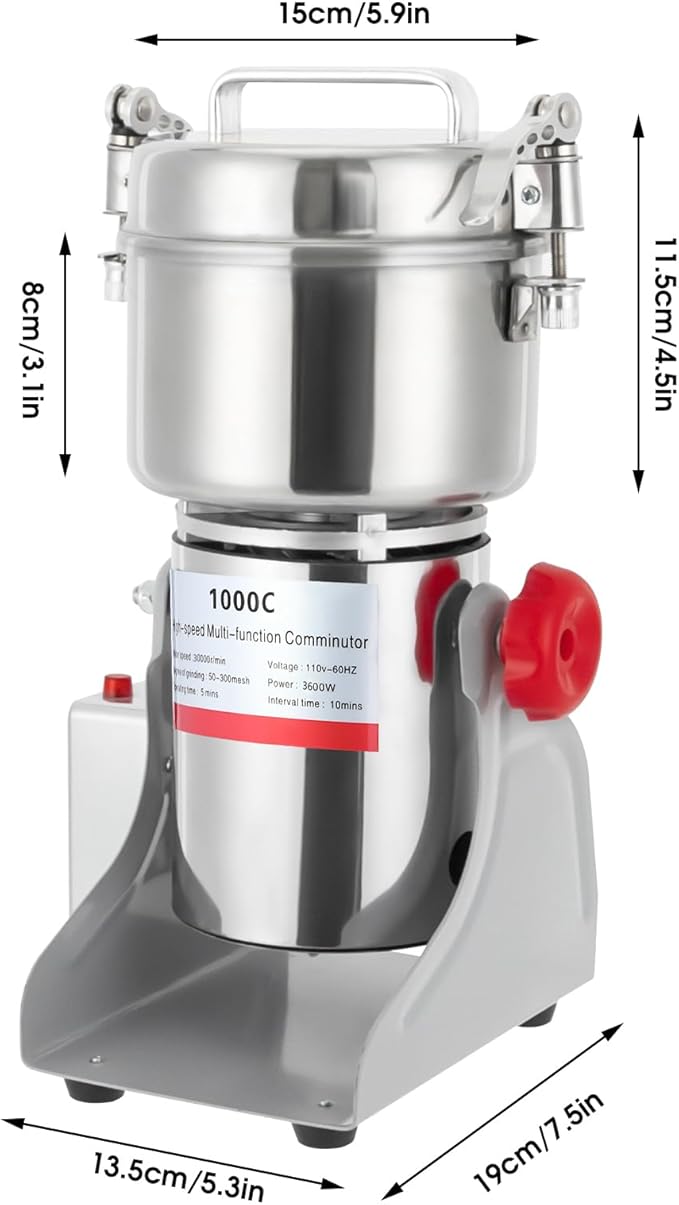 1000g Electric Grain Grinder Mill, 3600W Dry Cereals Pulverizer Commercial Superfine Grinding Machine 50-300 Mesh for Spices, Coffee Beans, Seasonings Timing 1-5 Minutes (1000g/3600W)