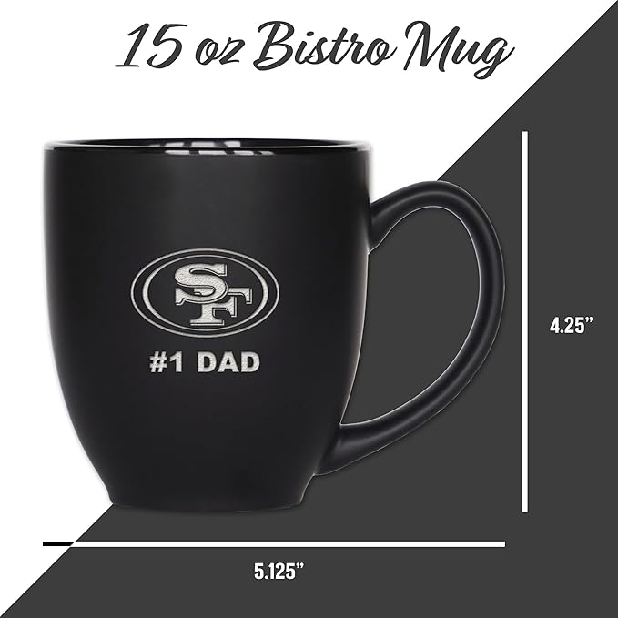 Rico Industries NFL Football #1 Dad 15oz Laser Engraved Matte Black Ceramic Bistro Mug - for Hot or Cold Drinks