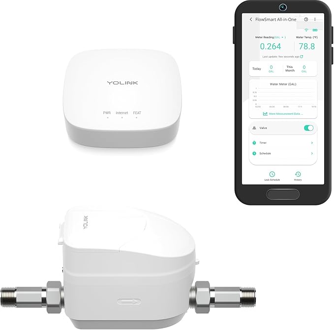 NSF Certified YoLink FlowSmart All-in-One Smart Water Meter & Auto Shutoff for 1/2" Pipes, LoRa Long-Range, Real-Time Leak Detection, 10-Year Battery, 80+ Device Ecosystem, Hub Included - YS5008