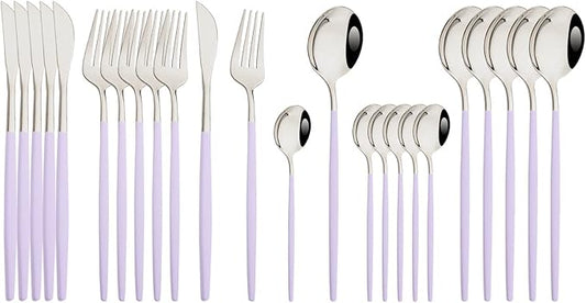 JASHII Flatware Set 24 Piece, Stainless Steel Silverware Set, Macaron Small Fresh Color Cutlery Set, Modern Elegant Tableware Set for Party, Christmas, Dinner (Purple Silver)