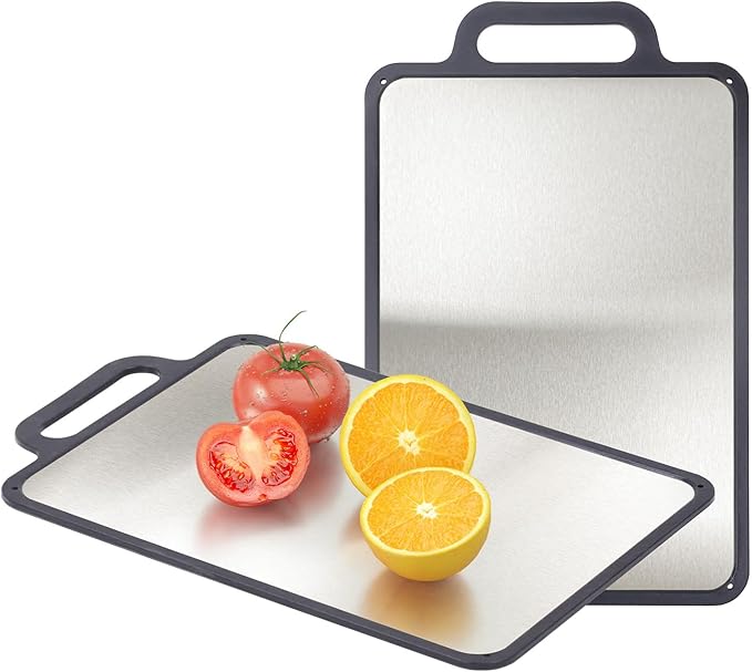 Double-Sided Solid Stainless Steel Cutting Board for Kitchen, 304 Grade & Dishwasher Safe - Non-Slip with Juice Groove, Perfect for Meat and Veggies, 15.3x9.6 Inch