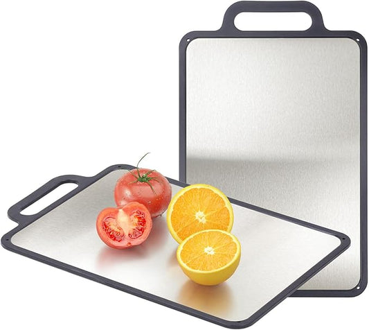 Double-Sided Solid Stainless Steel Cutting Board for Kitchen, 304 Grade & Dishwasher Safe - Non-Slip with Juice Groove, Perfect for Meat and Veggies, 15.3x9.6 Inch