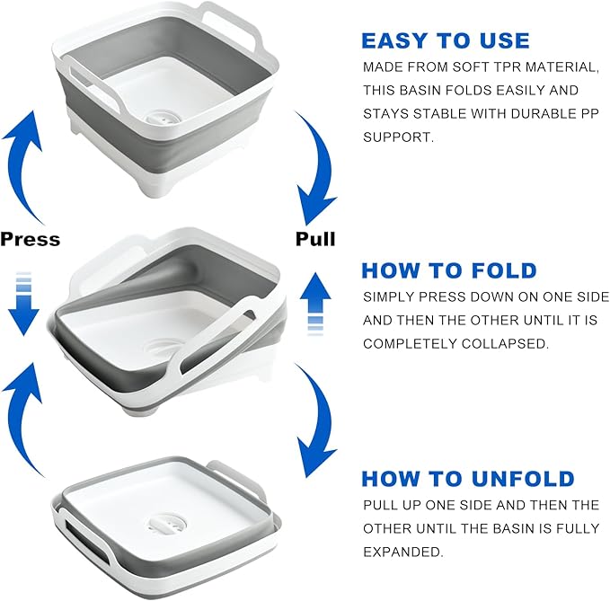 Collapsible Dish Basin, 2.4 Gallon Foldable Kitchen Sink with Drain Plug for Space-Saving Dish Washing, Vegetable & Baby Bottle Cleaning