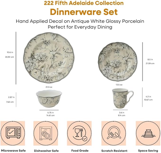 222 Fifth Adelaide 16-Piece Traditional Antique White Porcelain Dinnerware Set – Service for 4, Romantic Bird & Floral Design, for Everyday Dining & Entertainment, Microwave & Dishwasher Safe