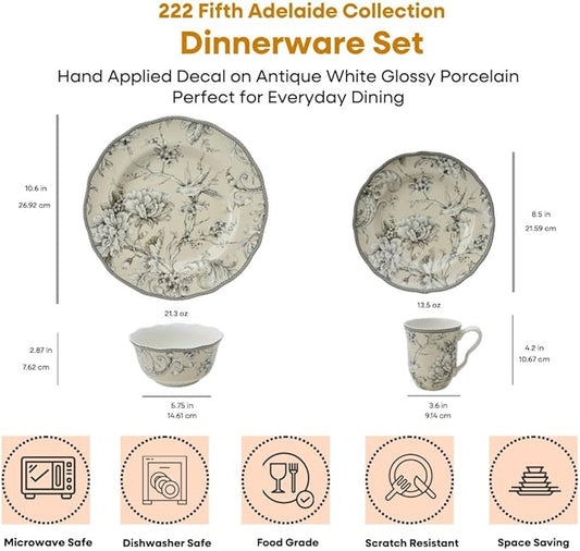 222 Fifth Adelaide 16-Piece Traditional Antique White Porcelain Dinnerware Set – Service for 4, Romantic Bird & Floral Design, for Everyday Dining & Entertainment, Microwave & Dishwasher Safe