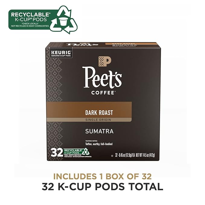 Peet's Coffee, Dark Roast Single Serve Coffee Pods - Single Origin Sumatra 32 Count (1 Box of 32 Pods)