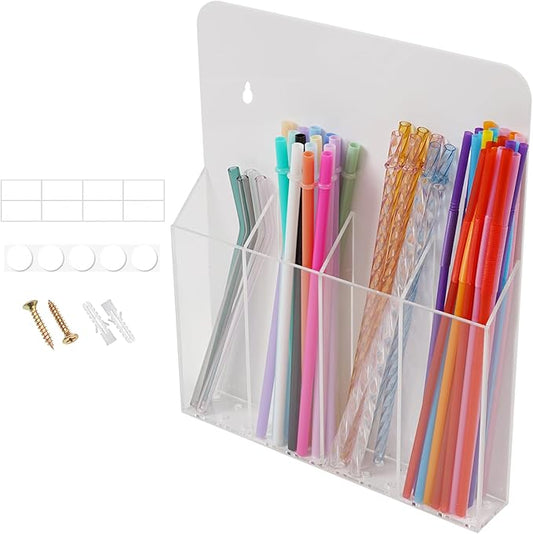 Acrylic Straw Holder for Cabinet Door Large Capacity 12"x10" Reusable Tumbler Drinking Straws Organizer Dispenser Storage for Cupboard with Ultra Sticky Adhesive Squares and Stickers