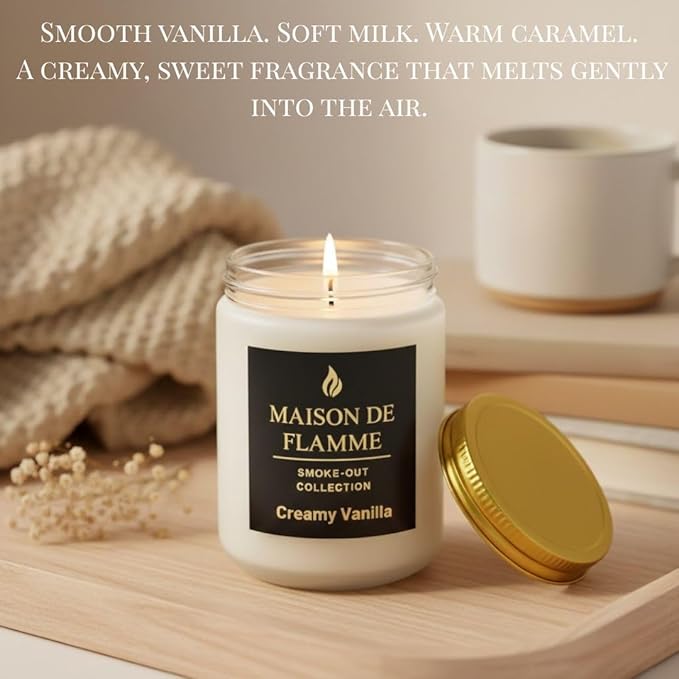 Creamy Vanilla Odor-Eliminating Scented Candle, 200g/7oz White Jar – Long-Lasting Soy Wax Blend Candle for Smoke, Kitchen & Home Odors