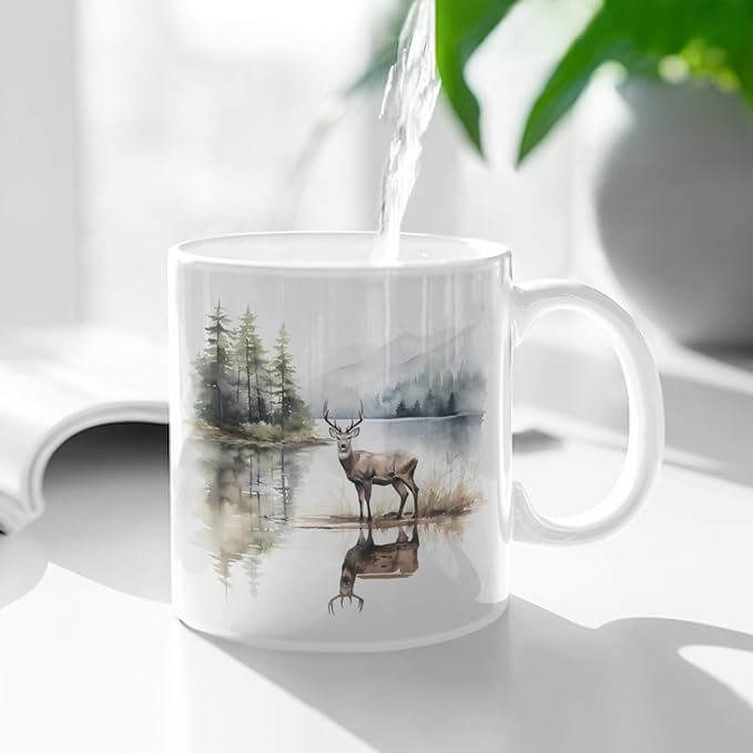 Coffee Mugs Deer Pattern Ceramic Latte Mug with Handle 11 OZ for Men Women for Latte Cappuccino Cocoa Milk Dishwasher & Microwave Safe