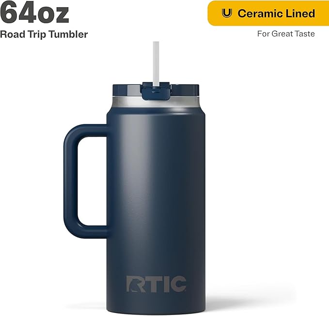 RTIC 64 oz Ceramic Lined Insulated Road Trip Tumbler, Leak-Resistant Lid, Navy