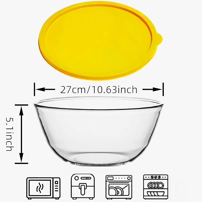 4.7QT Large Glass Mixing Bowl with Yellow Lid, Big Salad Bowl with Lid, Large Glass Bowls for Sourdough and Kithen