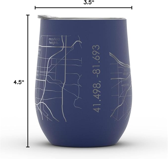 Well Told Engraved Cleveland Ohio Map Insulated Wine Tumbler, Etched Stainless Steel Cup (12 oz, Midnight Blue) City Map Insulated Tumbler, Custom Insulated Tumbler, Outdoor Drinkware