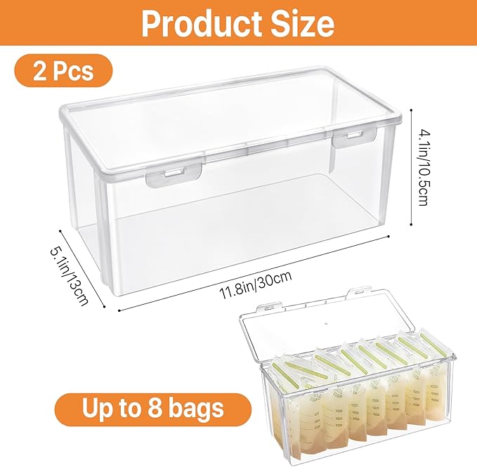 2 Pcs Reusable Plastic Milk Storage Containers for Fridge, Clear Refrigerator Organizer and Freezer Storage Bins